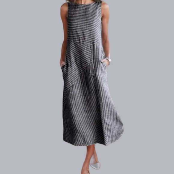Artisan Dresses & Skirts - 🆕 Gray Linen Maxi Dress Sleeveless   Halter Pockets Pinstripes High Collar Lg.